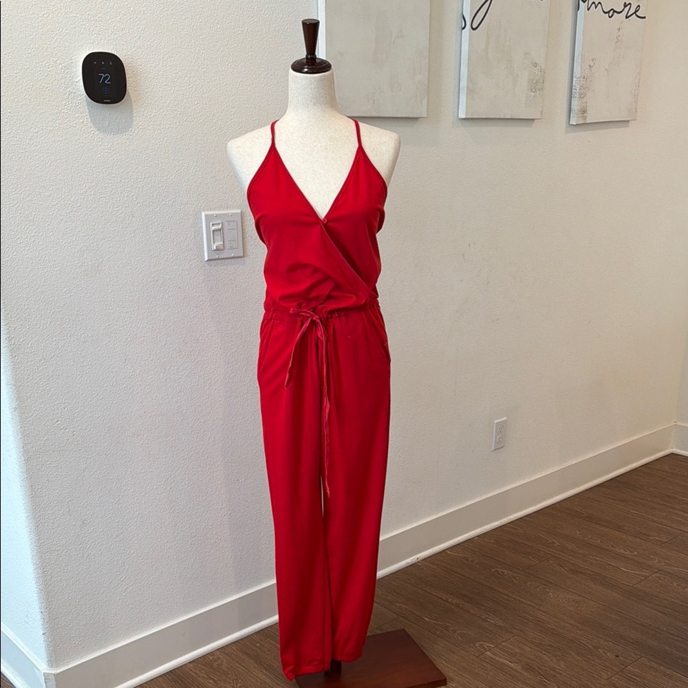 Red Sleeveless Surplice Jumpsuit with Drawstring Waist